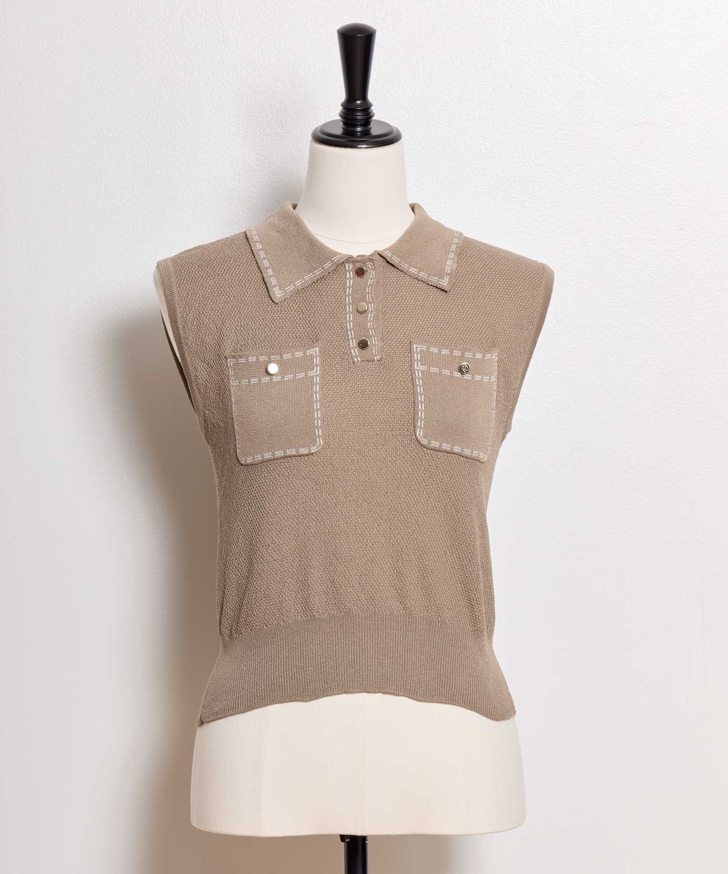 【予約】鹿の子編みステッチノースリポロニット(85モカ-フリー-5月下旬ごろのお届け)