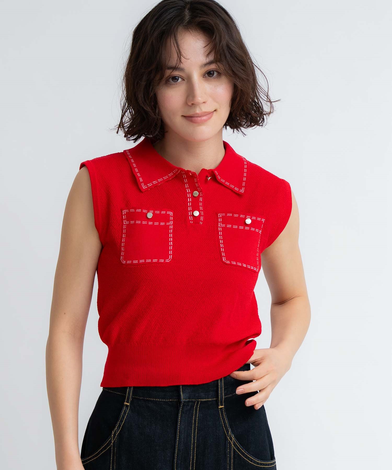 【予約】鹿の子編みステッチノースリポロニット