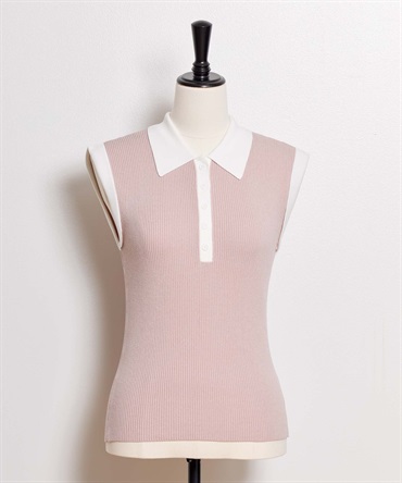 【予約】配色リブニットポロ(32ピンク-フリー-5月下旬ごろのお届け)