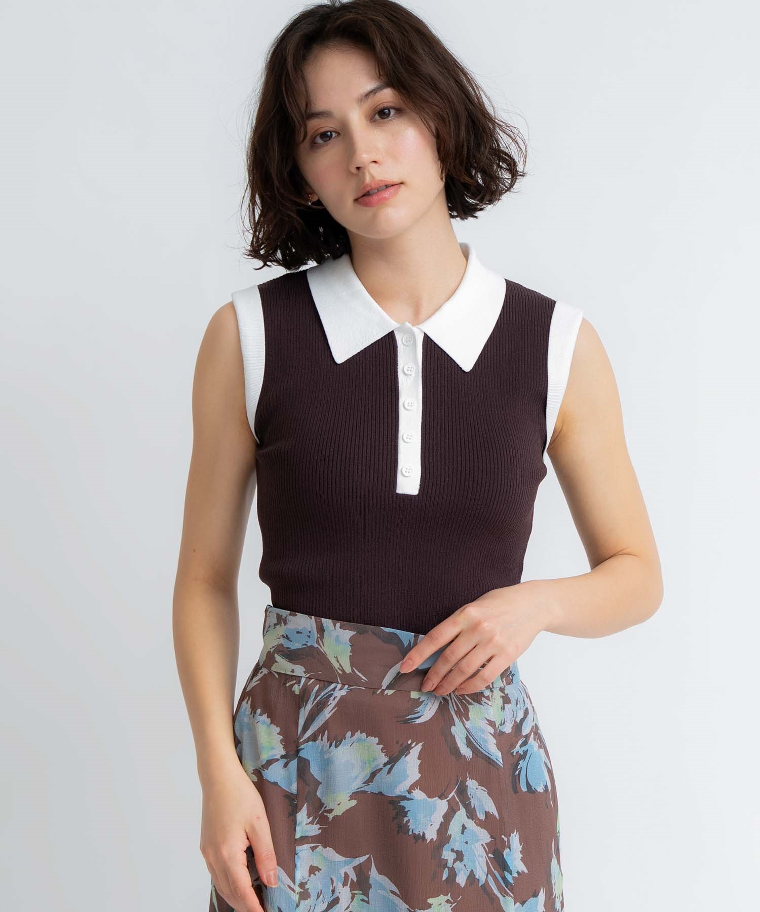 【予約】配色リブニットポロ(81チャ-フリー-5月下旬ごろのお届け)