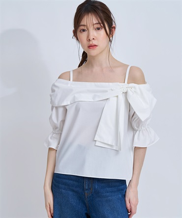 【予約】オフショルリボンブラウス(01オフホワイト-フリー-4月下旬ごろのお届け)