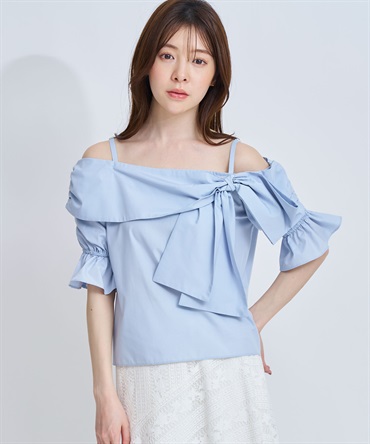 【予約】オフショルリボンブラウス(72サックス-フリー-4月下旬ごろのお届け)