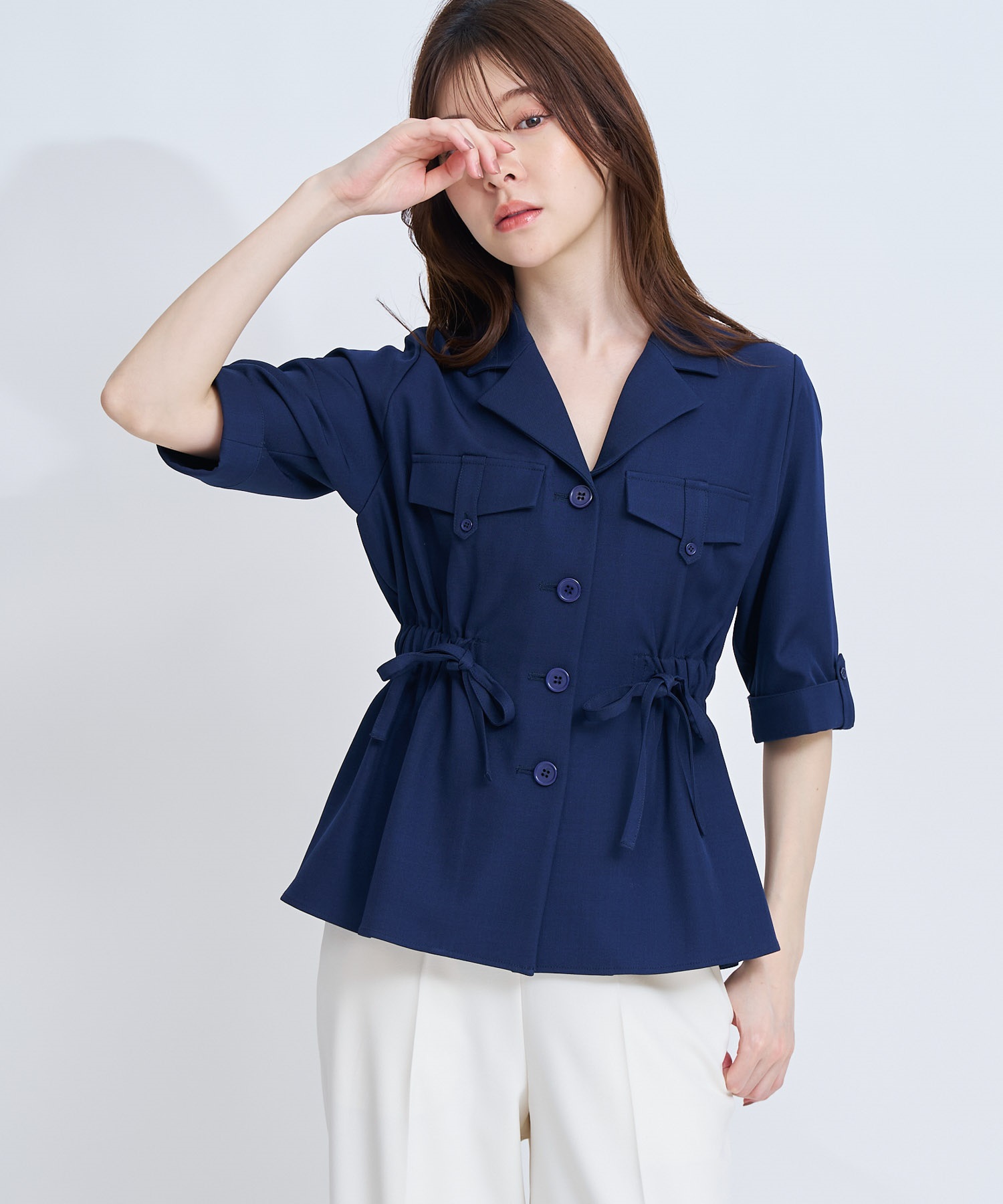 【予約】ウエストギャザーブラウス(70ネイビー-フリー-4月下旬ごろのお届け)