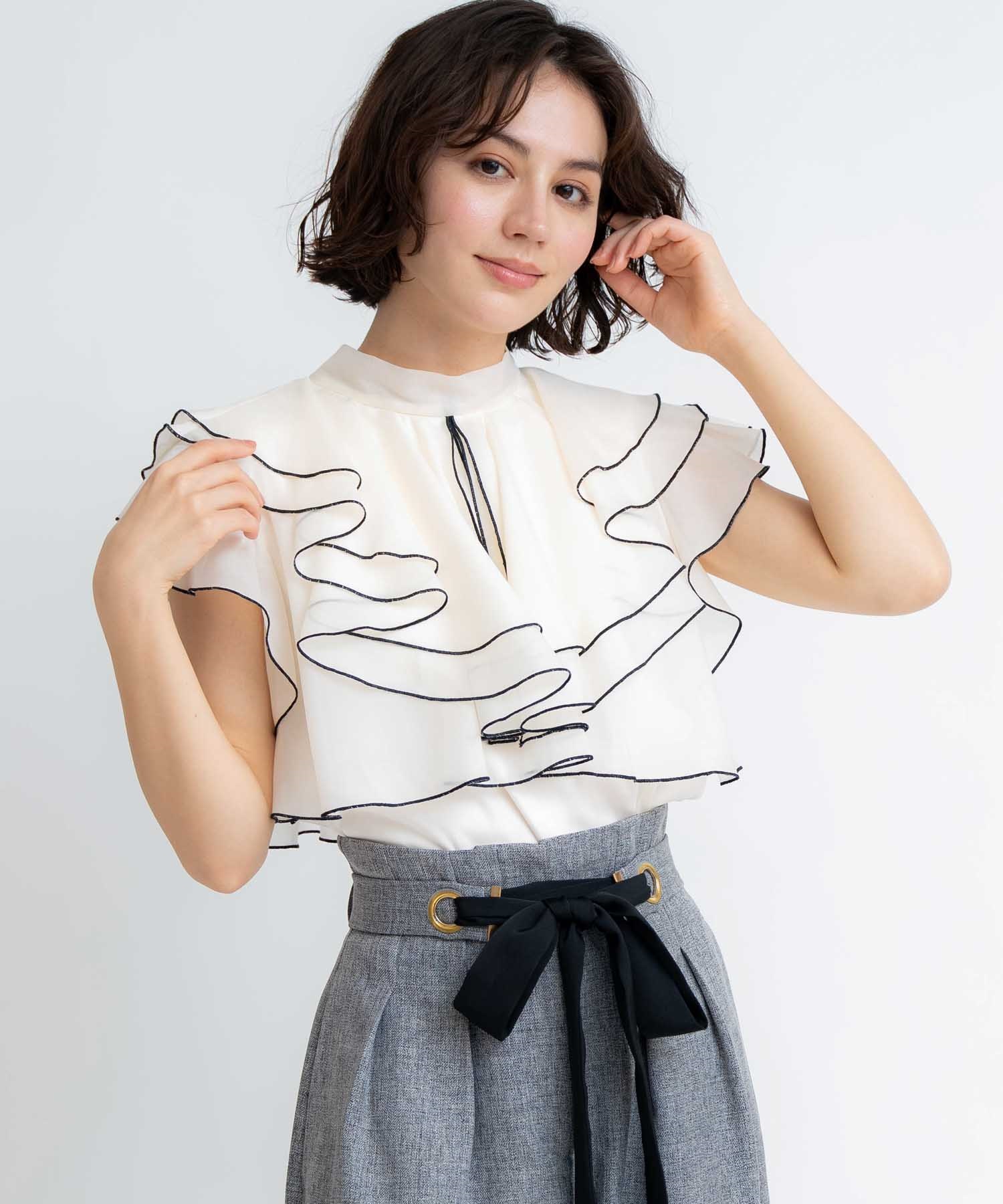 【予約】ラッフルフリルシアーブラウス(01オフホワイト-フリー-5月下旬ごろのお届け)