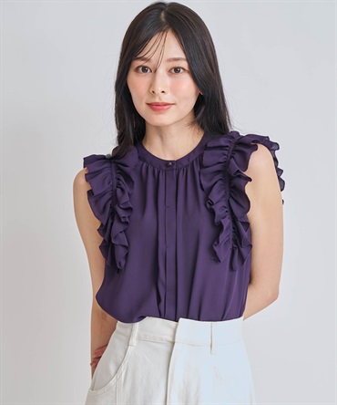 【予約】袖フリルノースリブラウス(20パープル-フリー-6月下旬ごろのお届け)