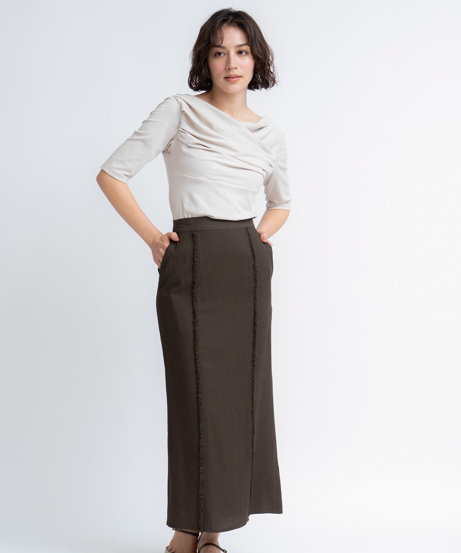 【予約】リネンライクフリンジスカート(81チャ-フリー-5月下旬ごろのお届け)