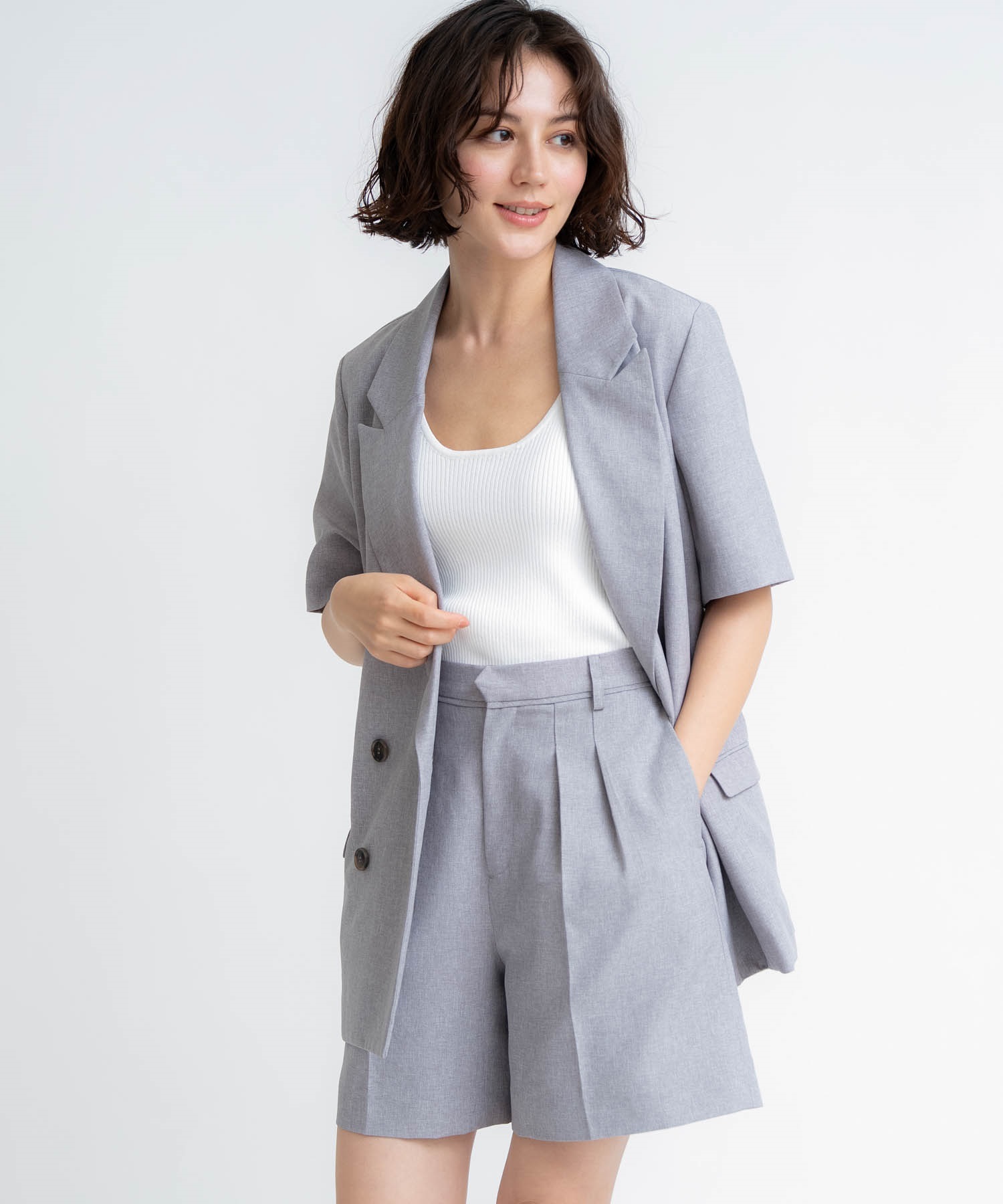 【予約】リネンライクショートパンツ(11グレー-Ｓ-5月下旬ごろのお届け)