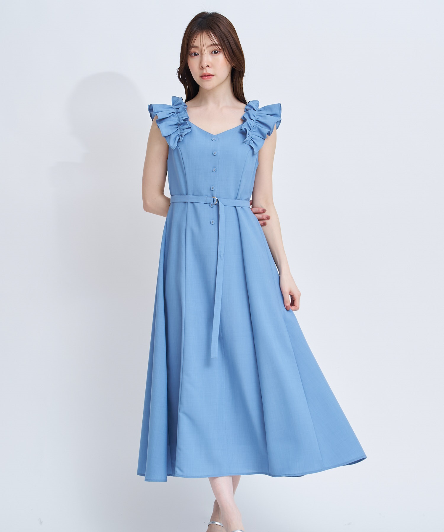 【予約】肩フリルワンピース(71ブルー-Ｓ-4月下旬ごろのお届け)