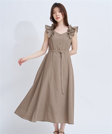 【予約】肩フリルワンピース(85モカ-Ｍ-4月下旬ごろのお届け)