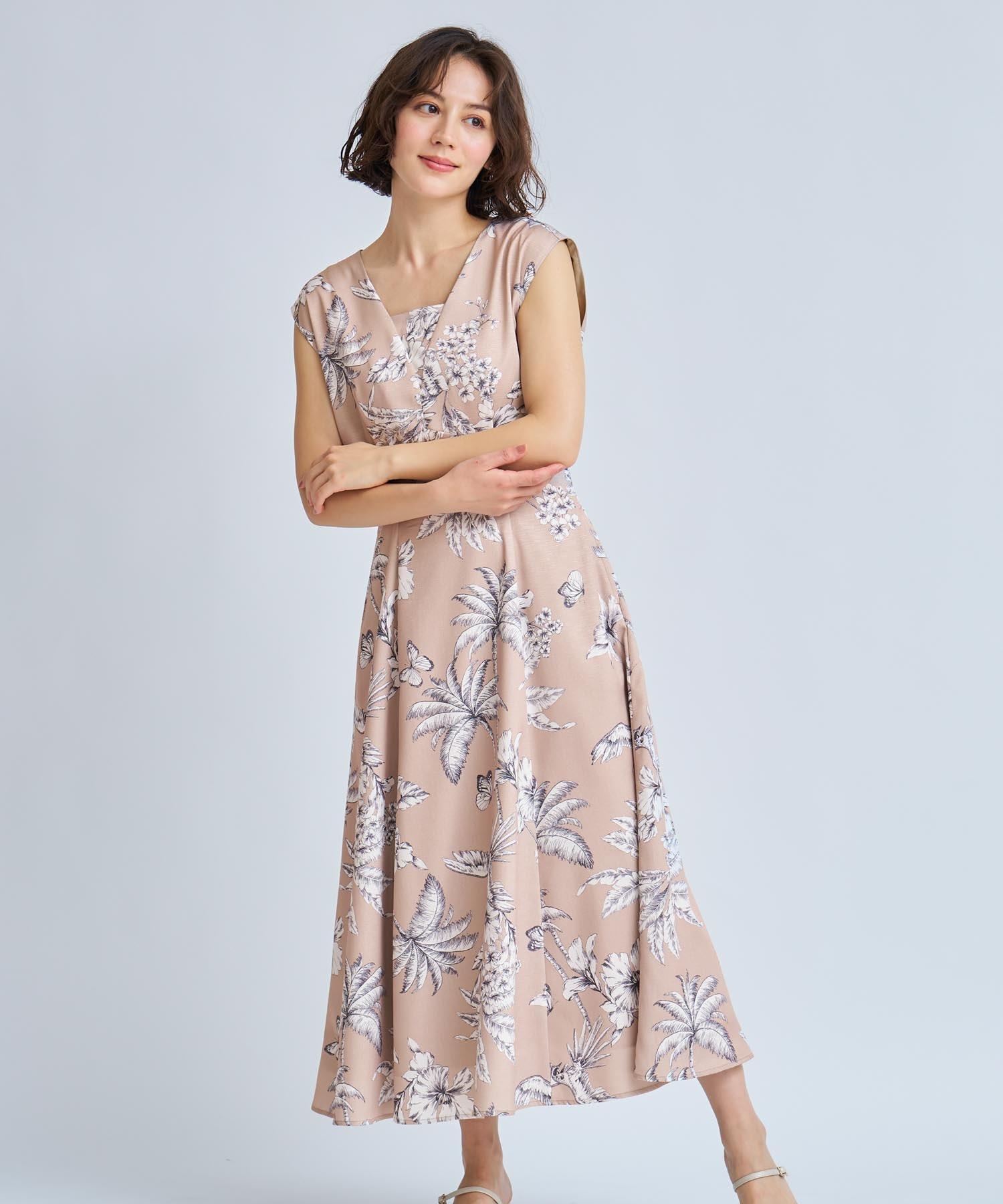 【予約】ボタニカルプリントワンピース(83キャメル-Ｓ-5月下旬ごろのお届け)