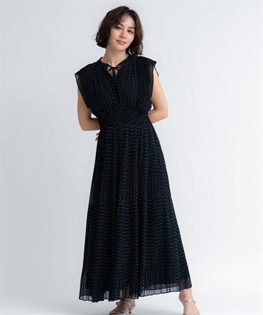【予約】プリーツドットワンピース(00ブラック-Ｍ-5月下旬ごろのお届け)