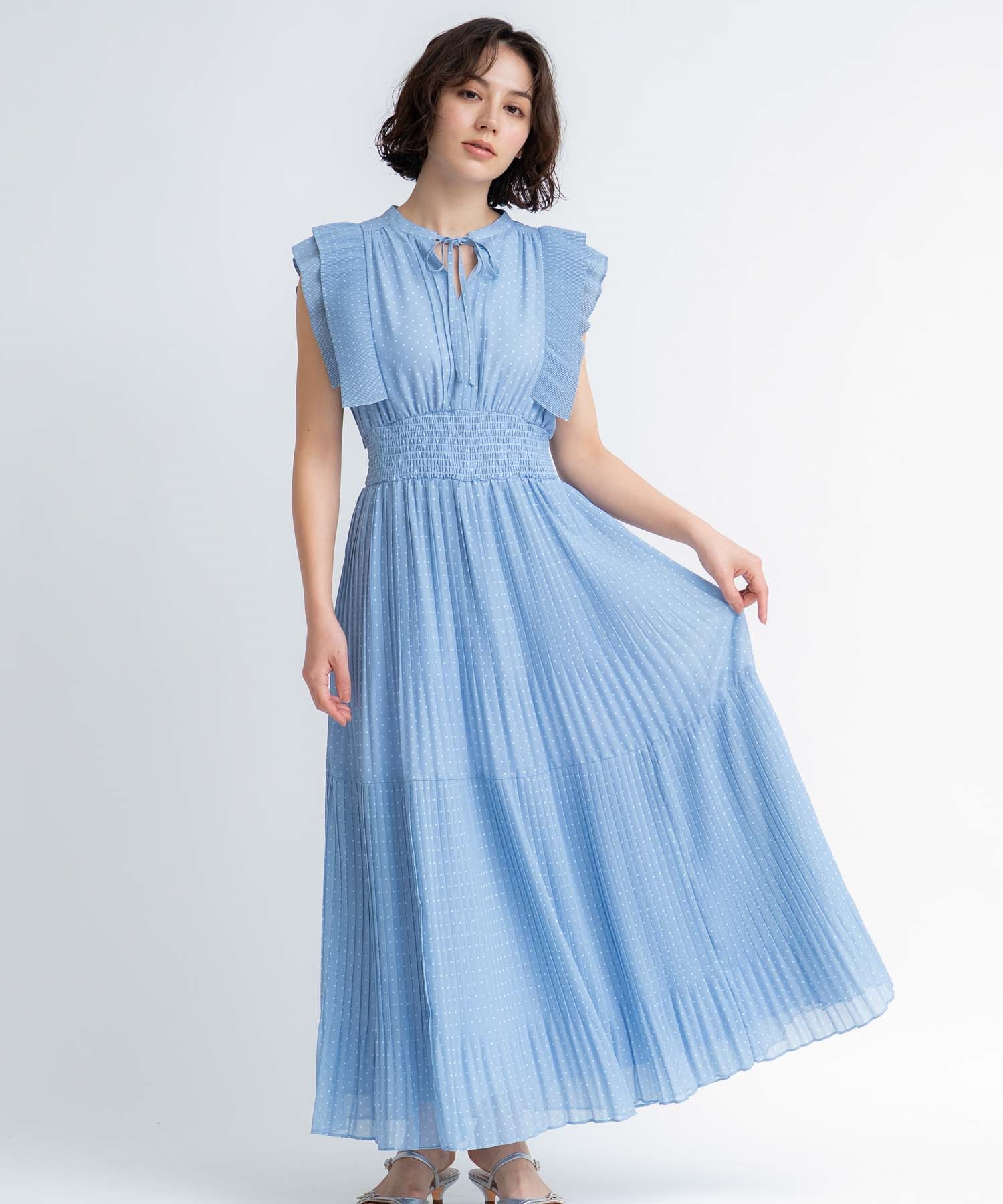 【予約】プリーツドットワンピース(71ブルー-Ｓ-5月下旬ごろのお届け)