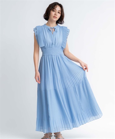 【予約】プリーツドットワンピース(71ブルー-Ｍ-5月下旬ごろのお届け)
