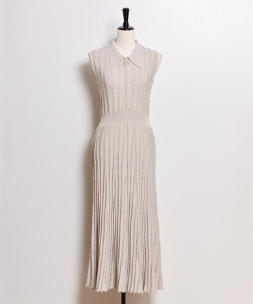 【予約】ハーフジップリブニットワンピース(82ベージュ-フリー-5月下旬ごろのお届け)