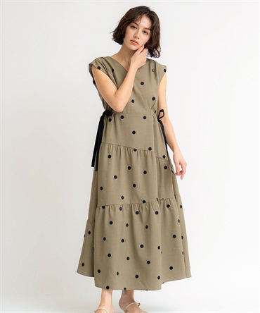 【予約】【SSサイズあり】リネンタッチドットワンピース(85モカ-ＳＳ-5月上旬ごろのお届け)