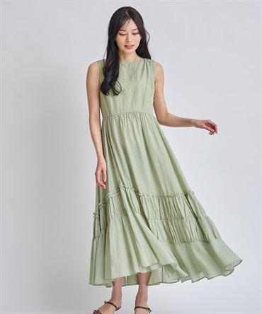 【予約】ティアードギャザーノースリワンピース(61グリーン-Ｍ-6月下旬ごろのお届け)