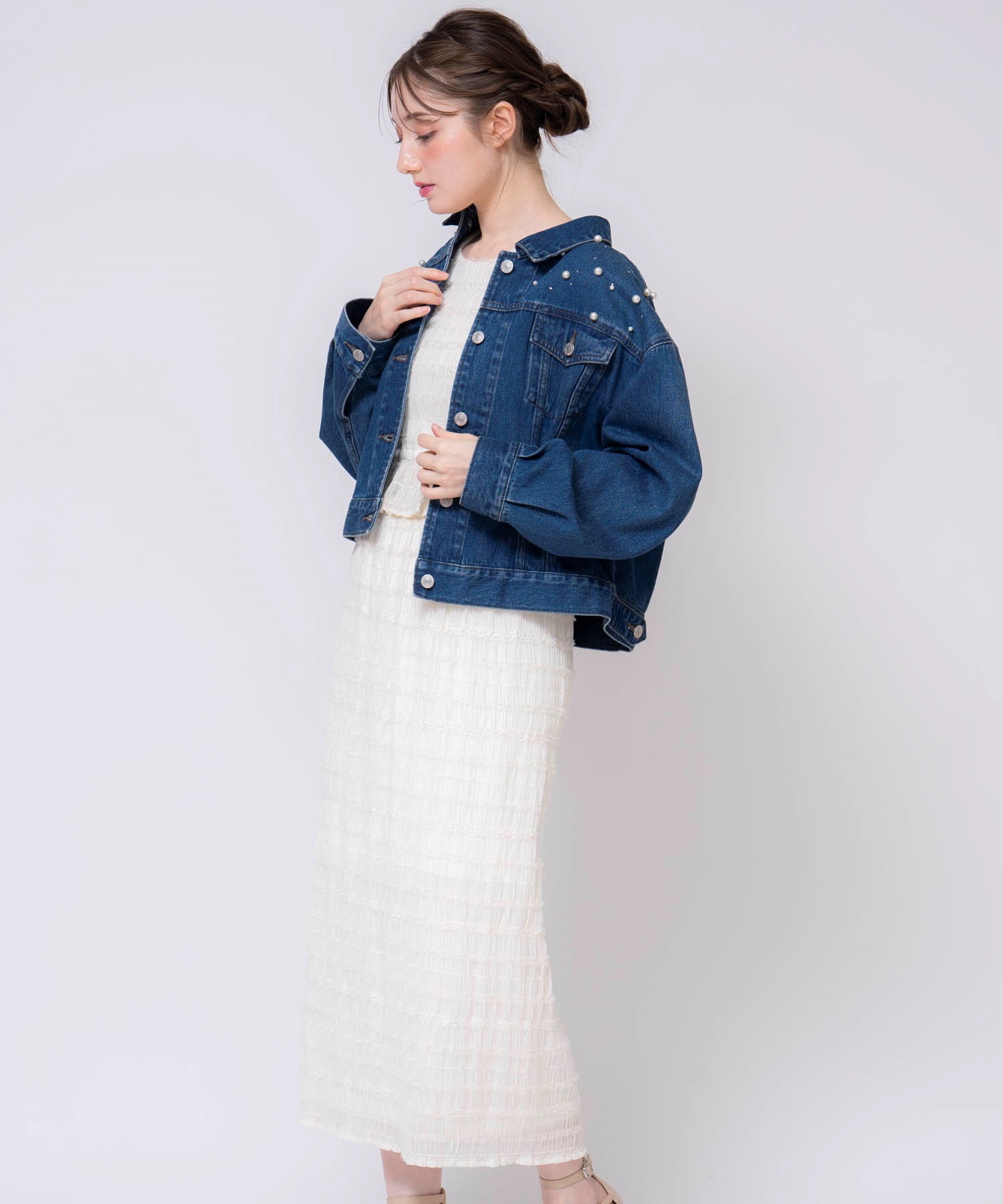 OVER DENIM JACKET with PEARL(F BLUE): OUTERjosemoon